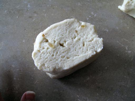 a slice of rolled dough cut into 3 parts