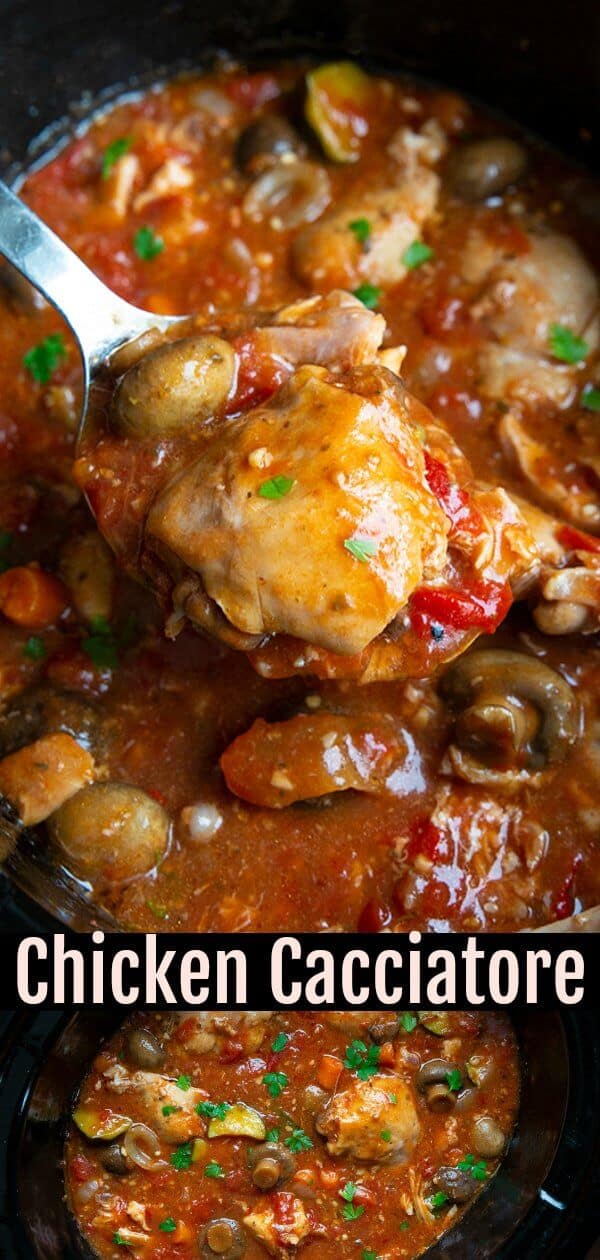 This Crockpot Chicken Cacciatore is a wonderful rustic Italian chicken dish chock full of vegetables, a thick, rich tomato based sauce and pieces of chicken all simmered together. The end result is a deliciously healthy yet decadent dish that the entire family will love.. #chicken #crockpot #slowcooker #easy #food #chickenthighs #tomatoes #vegetables #dinner #supper 