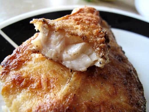 close up of a flaky fried halibut steak