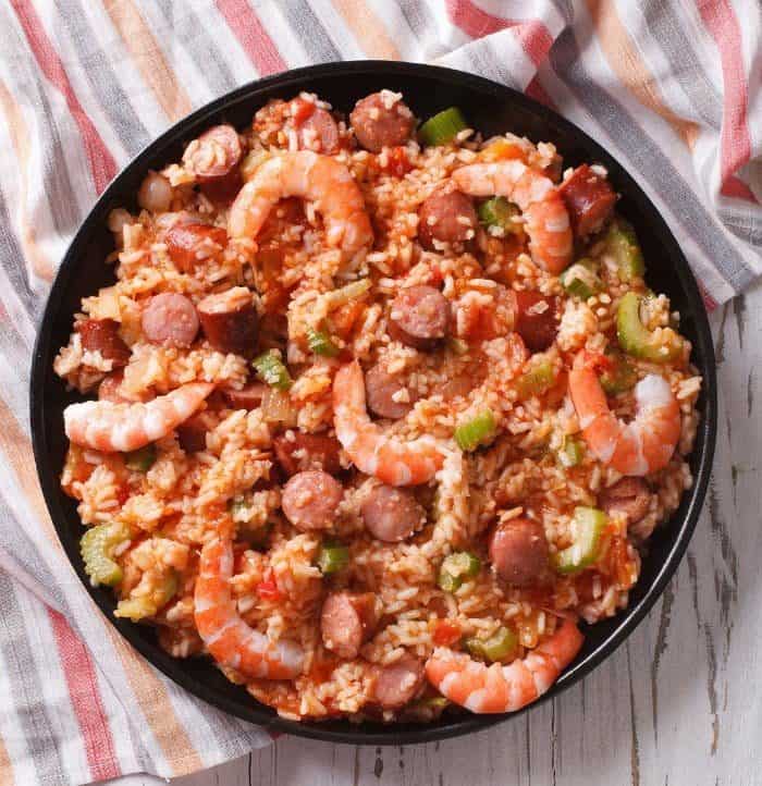 Cajun Seasoning on Cajun fried rice with shrimps on a large bowl