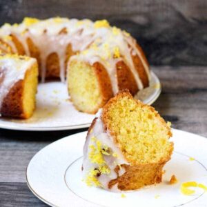 Lemon Bundt Cake with buttercream icing in white plates