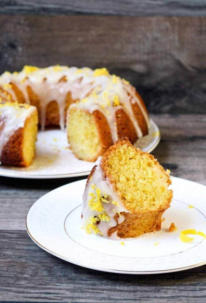 Lemon Bundt Cake with buttercream icing in white plates