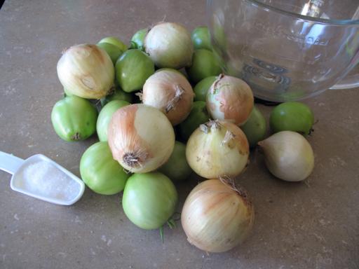 onions and green tomatoes all ready for the making of Green Tomato Relish