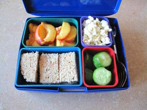 a blue square lunch kit with some slices of bread, fruits and vegetables