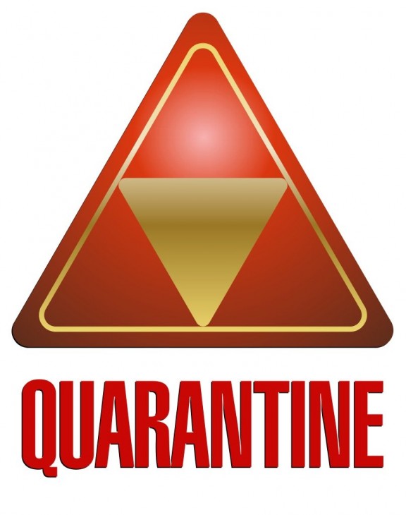 red quarantine logo with inverted gold triangle inside