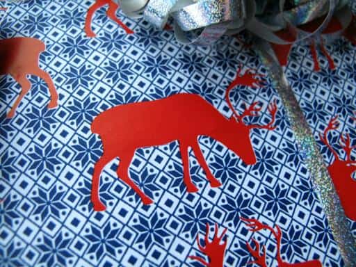 blue gift wrapper with reindeer
