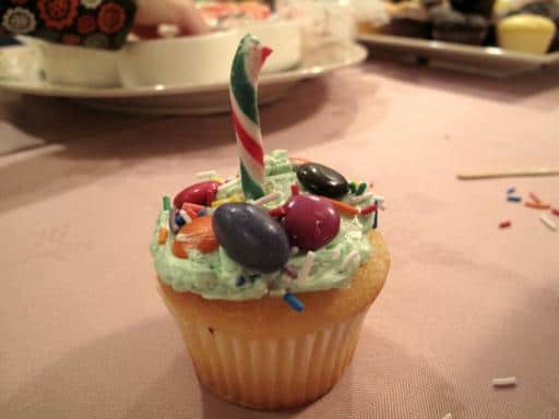 close up of cupcake with icing, sprinkles and candy cane on top