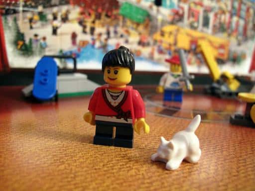 girl lego wearing red sweater and a white cat