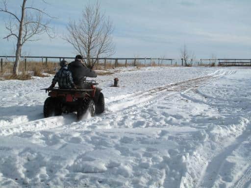 christmaseve_512x384 Grandfather and son creating a path in a land covered with snow riding an ATV