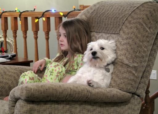 little girl in green pajama sitting in the couch with her white dog looking at something
