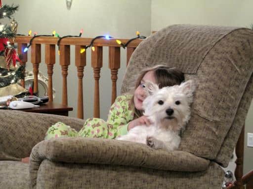little girl in green pajama sitting in the couch with her white dog
