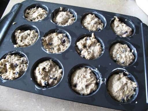 Nine Grain Blueberry Muffin dough in muffin tins