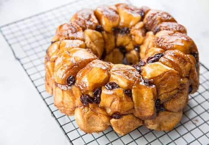 Homemade Monkey Bread with raisins in a cooling rack