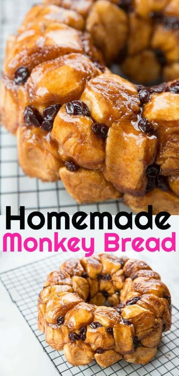 Homemade sweet dough rolled in sugar/cinnamon makes a homemade monkey bread so fast,easy and delicious, you'll never used canned dough again. #monkeybread #sweet #dessert #baking #delicious #bread #cinnamon #raisin 