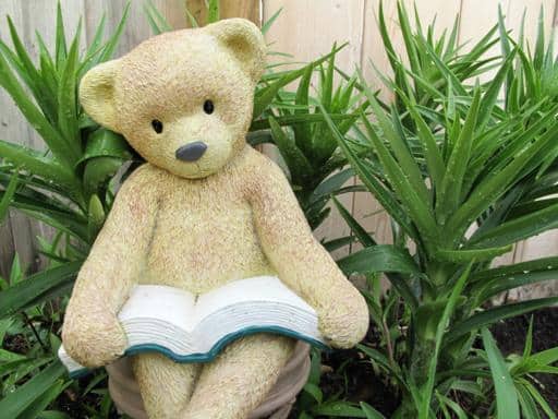 human size teddy bear reading book with plants on background