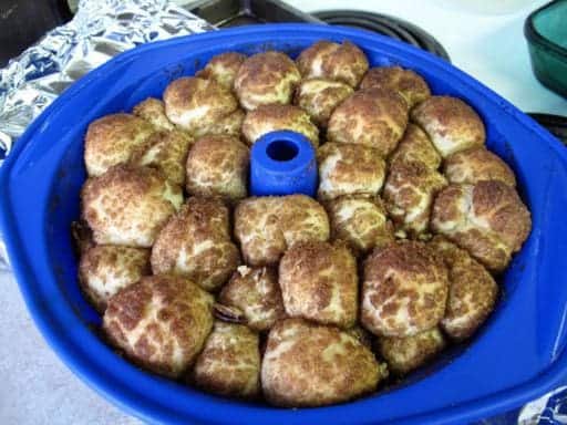 Monkey bread baked in a blue bundt pan 