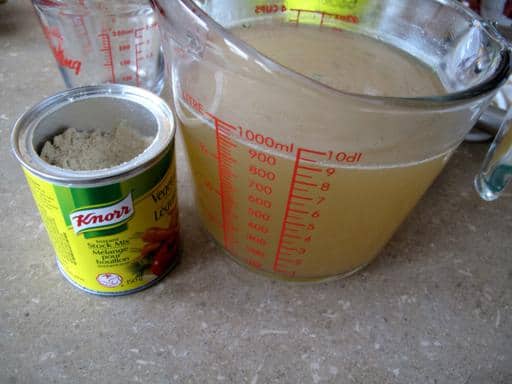 dissolved vegetable stock in a Pyrex measuring cup