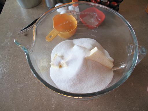 Butter and sugar together in a Pyrex measuring Bowl