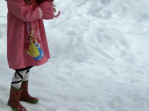 little girl wearing pink coat with Disney princess 