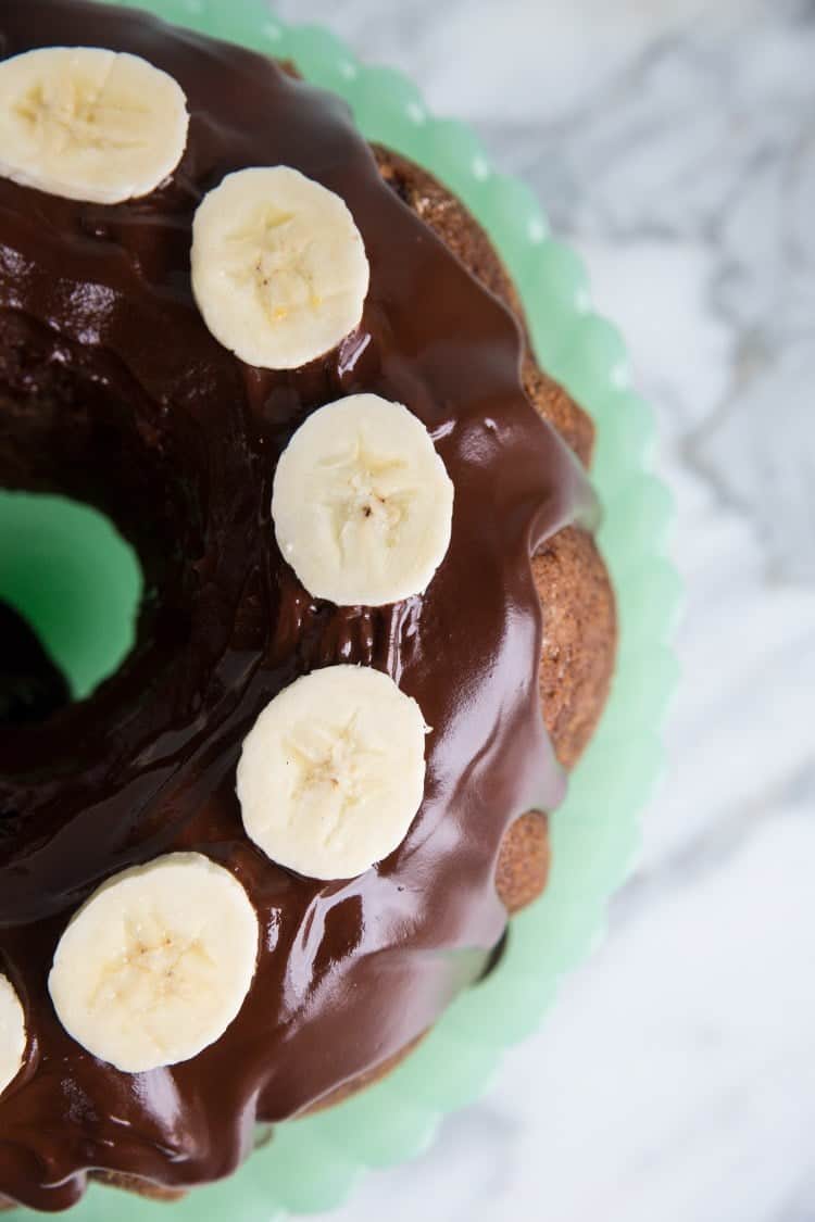 Top down shot of Chocolate Banana Buttermilk Bundt Cake 