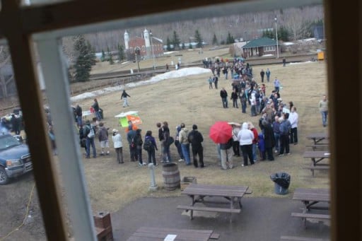 view from the inside window looking for the people lined up outside