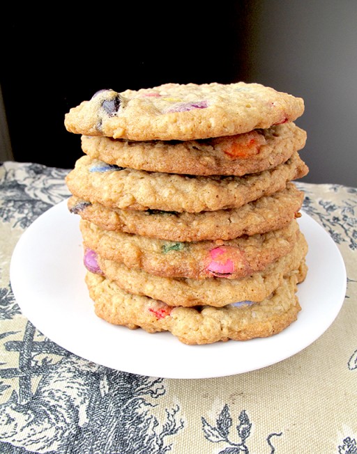 Stack of Smartie Oatmeal Cookies in a Plate