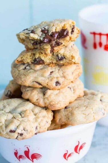 Thick and Chewy Chocolate Chip Cookies in a white bowl