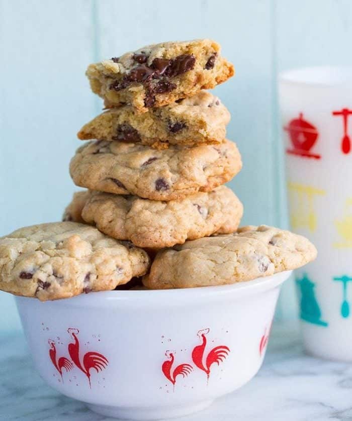 Thick and Chewy Chocolate Chip Cookies in a white bowl 