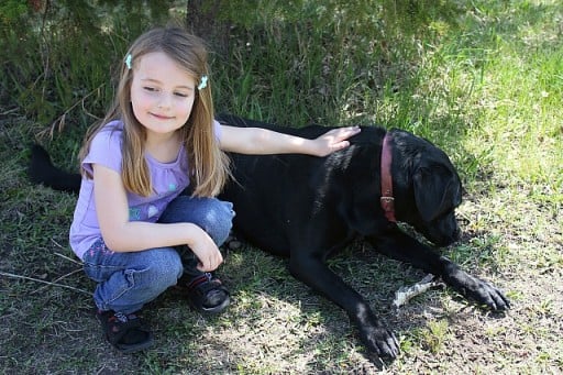 little girl holding a black dog