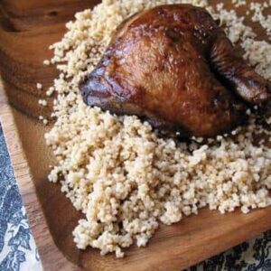 Teriyaki chicken in wooden tray