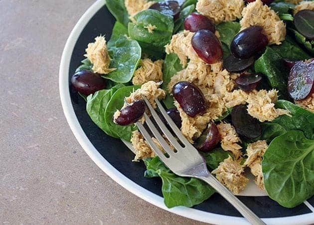 curried tuna salad with grapes on a bed of spinach