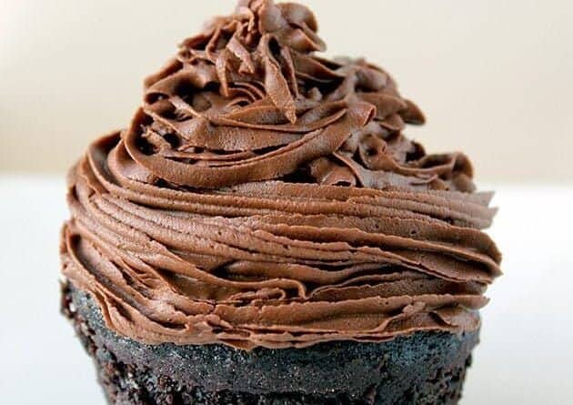 chocolate muffin topped with Chocolate Buttercream Frosting