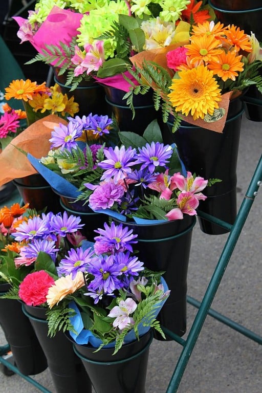 lots of flowers in black pails