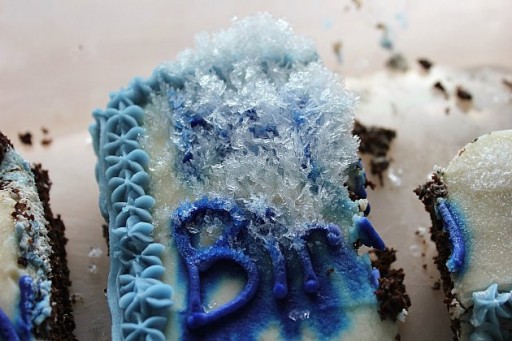 close up of frozen left over blue cake 