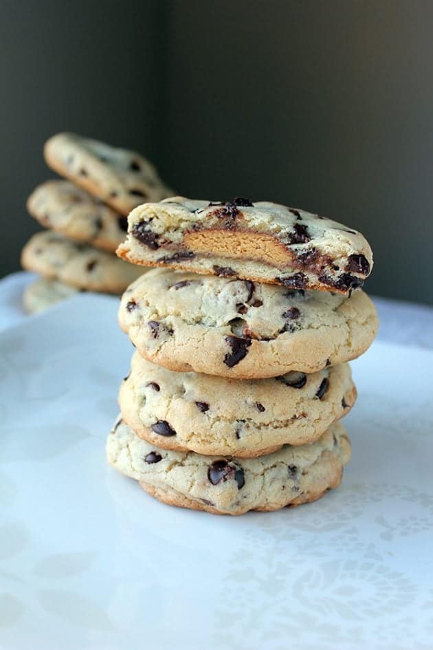 Stack of Stuffed Chocolate Chip Cookies showing the inside
