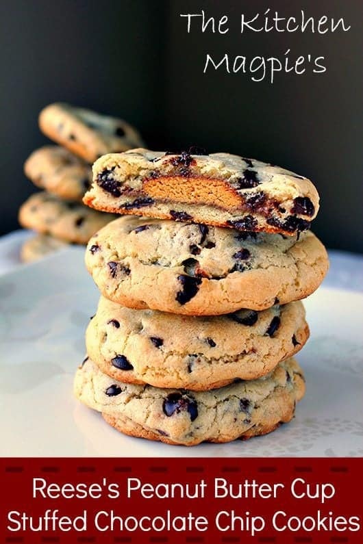 close up of Peanut Butter Cup Stuffed Chocolate Chip Cookie showing what is inside