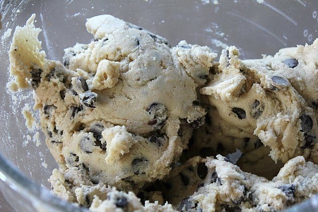 chocolate chip cookie dough in Pyrex galss