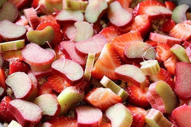 chopped rhubarb and strawberries mixed together