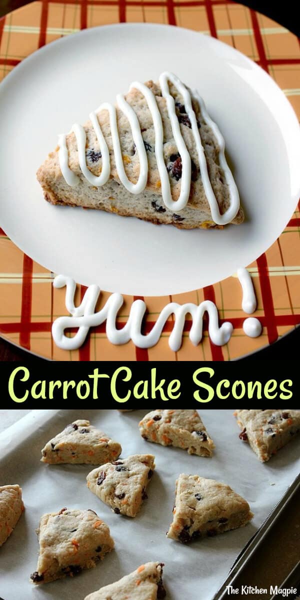 Spicy carrot cake scones drizzled with tangy cream cheese icing. #scones #carrots #cake
