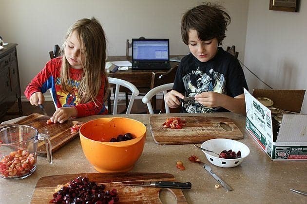 kids helping in chopping the cherries, each with one wood board and knife with them
