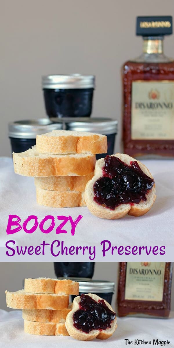 Make these Boozy Sweet Cherry Preserves for an adults only treat using summertime cherries! If you don't want them boozy, simply use almond extract instead! #cherry #preserves #canning #amaretto