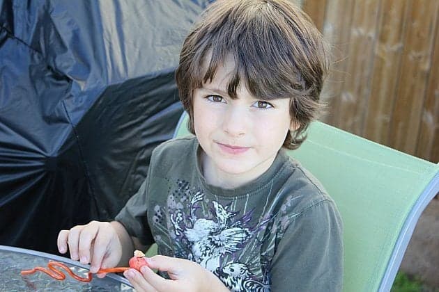 a little boy holding a straw, sitting and pitting the cherries