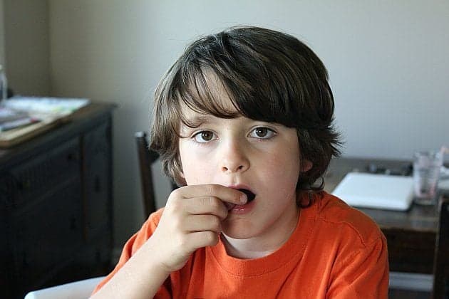 young boy in orange shirt eating saskatoons berry at home