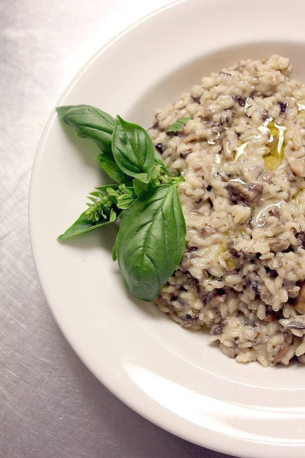 close up of wild mushroom risotto in a white plate, garnish with basil leaves