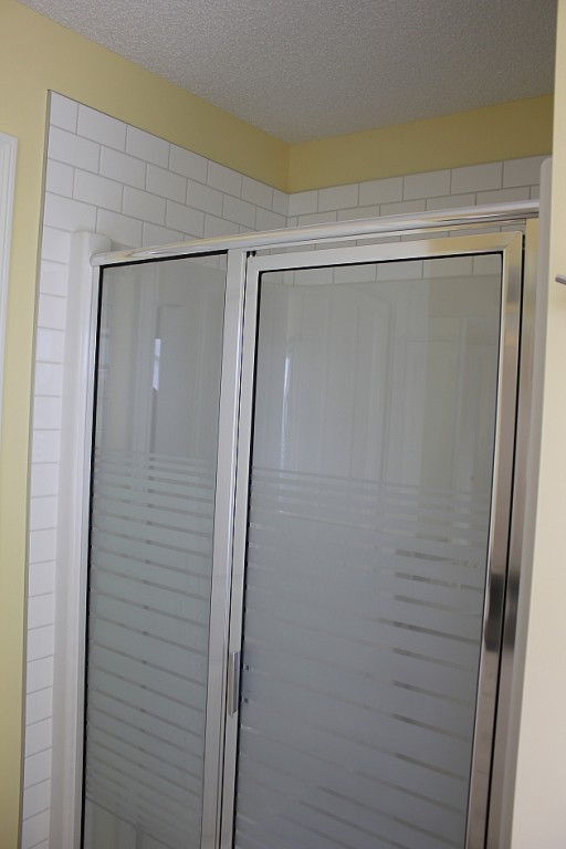 the shower area with glass and aluminum door
