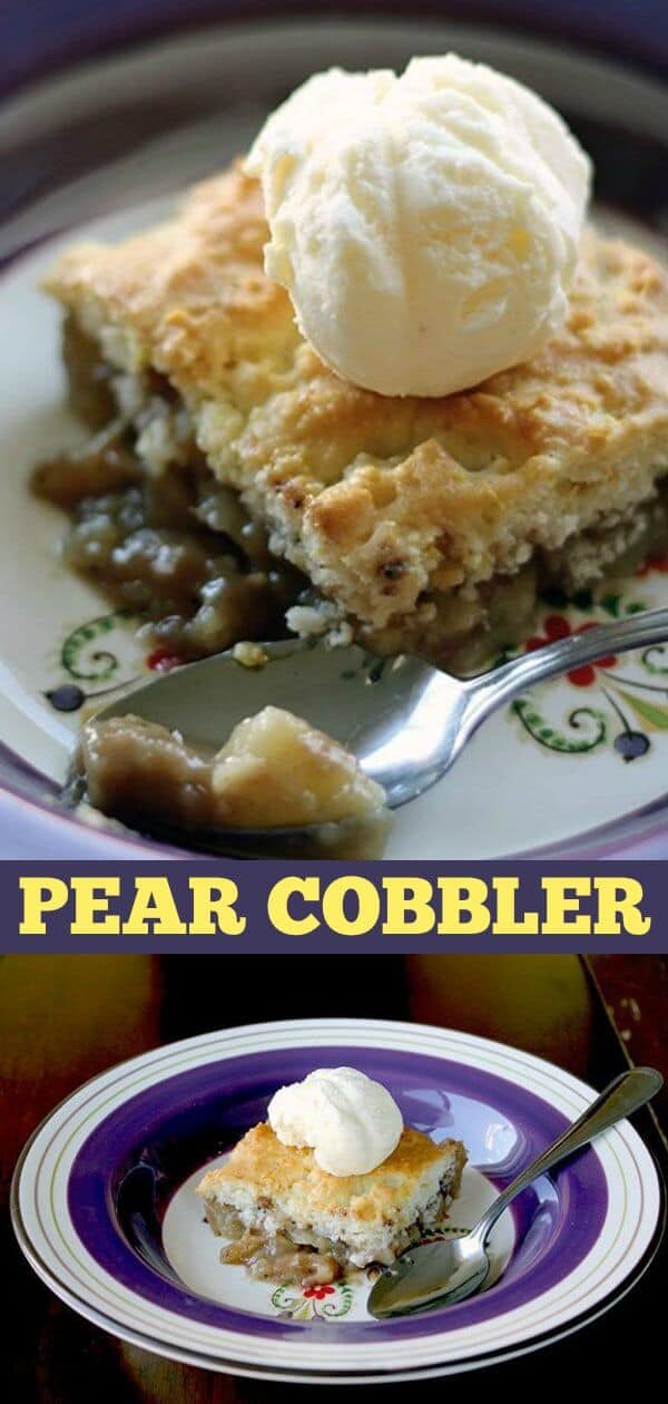 Cinnamon, spice and a lemon scone topping give this pear cobbler a lovely zing! #pears #fall #autumn #baking #cobbler #dessert #recipe #sweet #treat #icecream