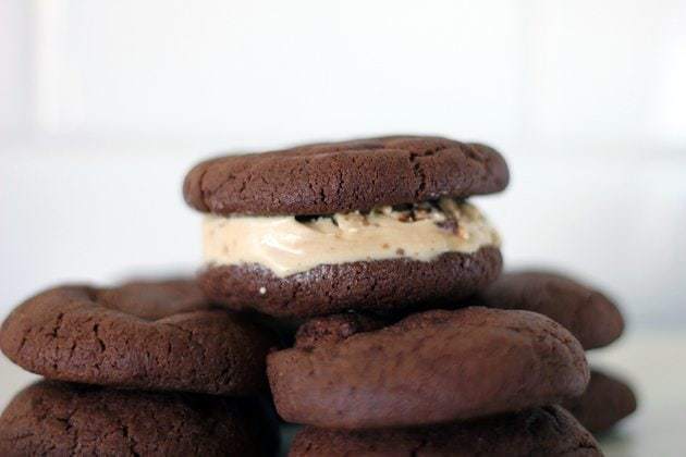 stack of Chocolate Ice Cream Sandwich Cookies on white background