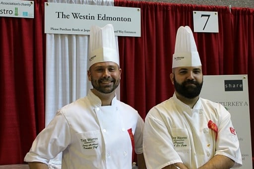 two handsome gents wearing their white chef uniform