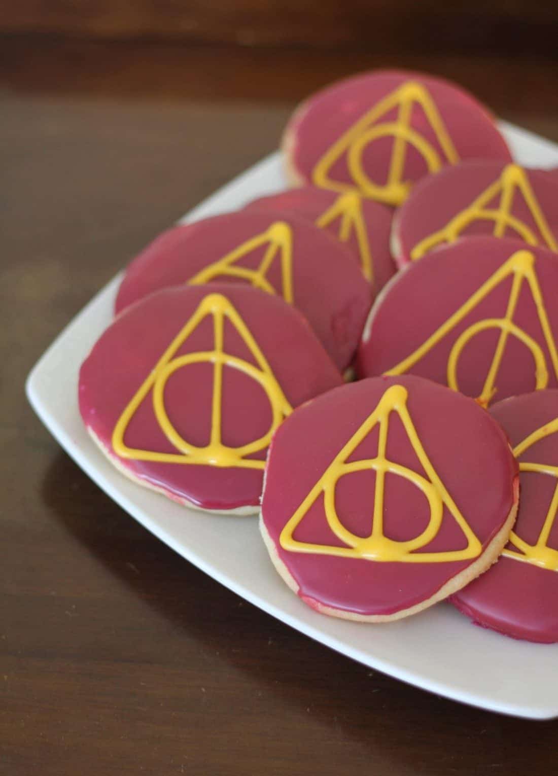 Deathly Hallows sugar cookies in a white plate