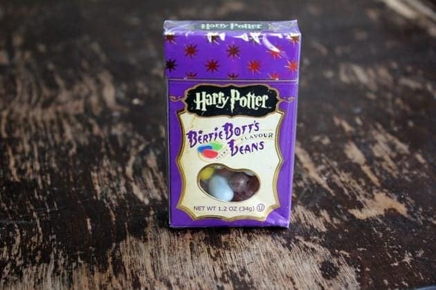 a box of Bertie Botts Flavour Beans in wood background